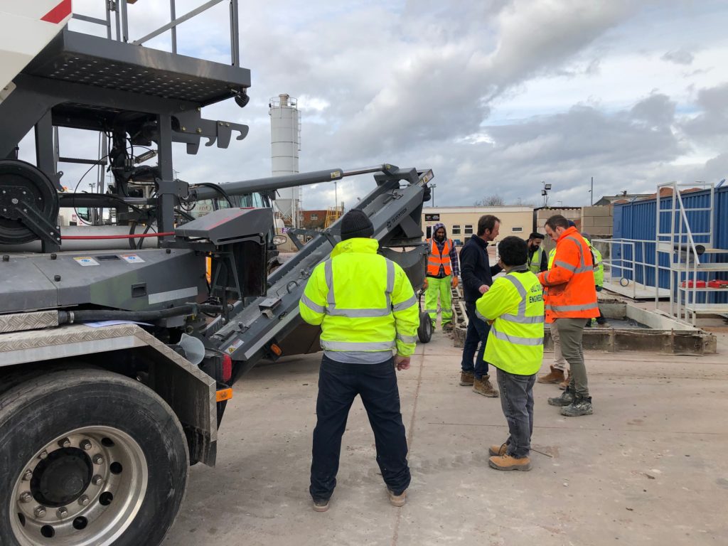 Concrete operators receive field training for using a Cemen Tech C60 volumetric mixer in the UK.